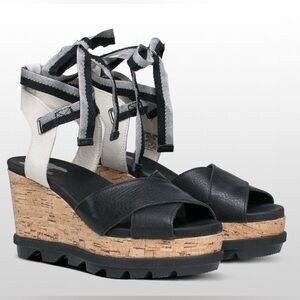 SOREL Joanie II High Ankle Lace Wedge Sandals 6.5 Black Cork Sporty Gladiator